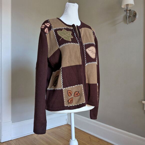 Vintage 90s Knit Cardigan Sweater Autumn Leaves Joan Leslie Halloween M Petite - Picture 1 of 7